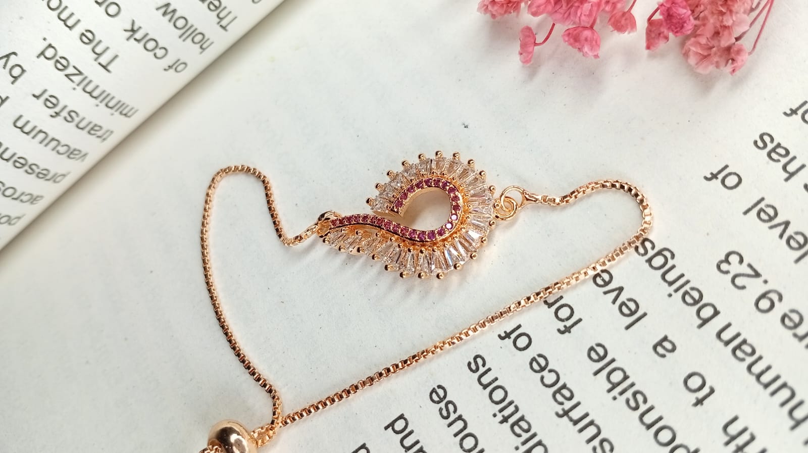 : Rose Gold Heart Bolo Bracelet with Baguette & Pink CZ