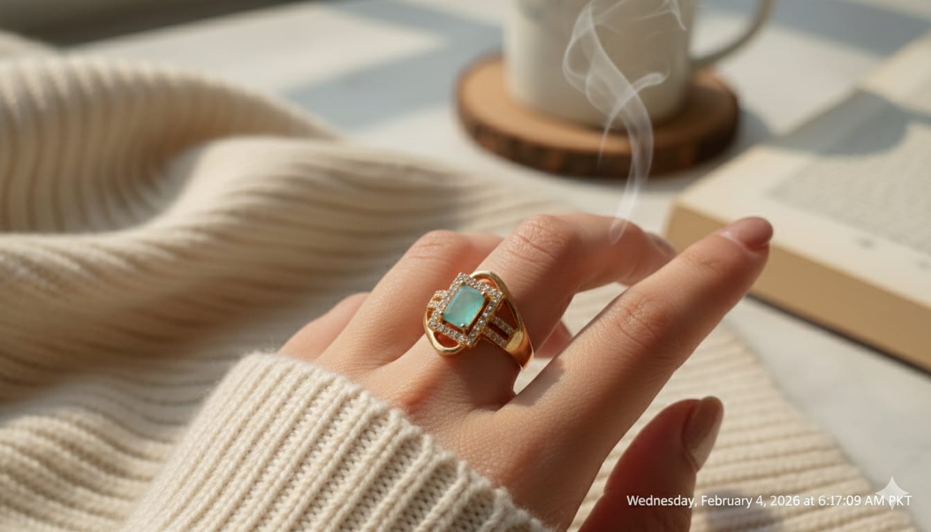 the gold-tone geometric turquoise ring
