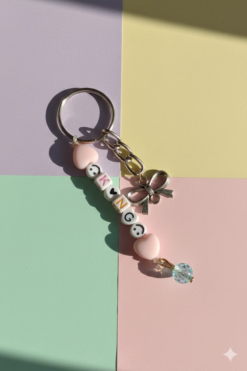 Personalized "KING" Name Keychain | Silver Bow Charm & Pink Heart Beads | Custom Letter Bead Y2K Aesthetic Accessory | Royalty Gift
