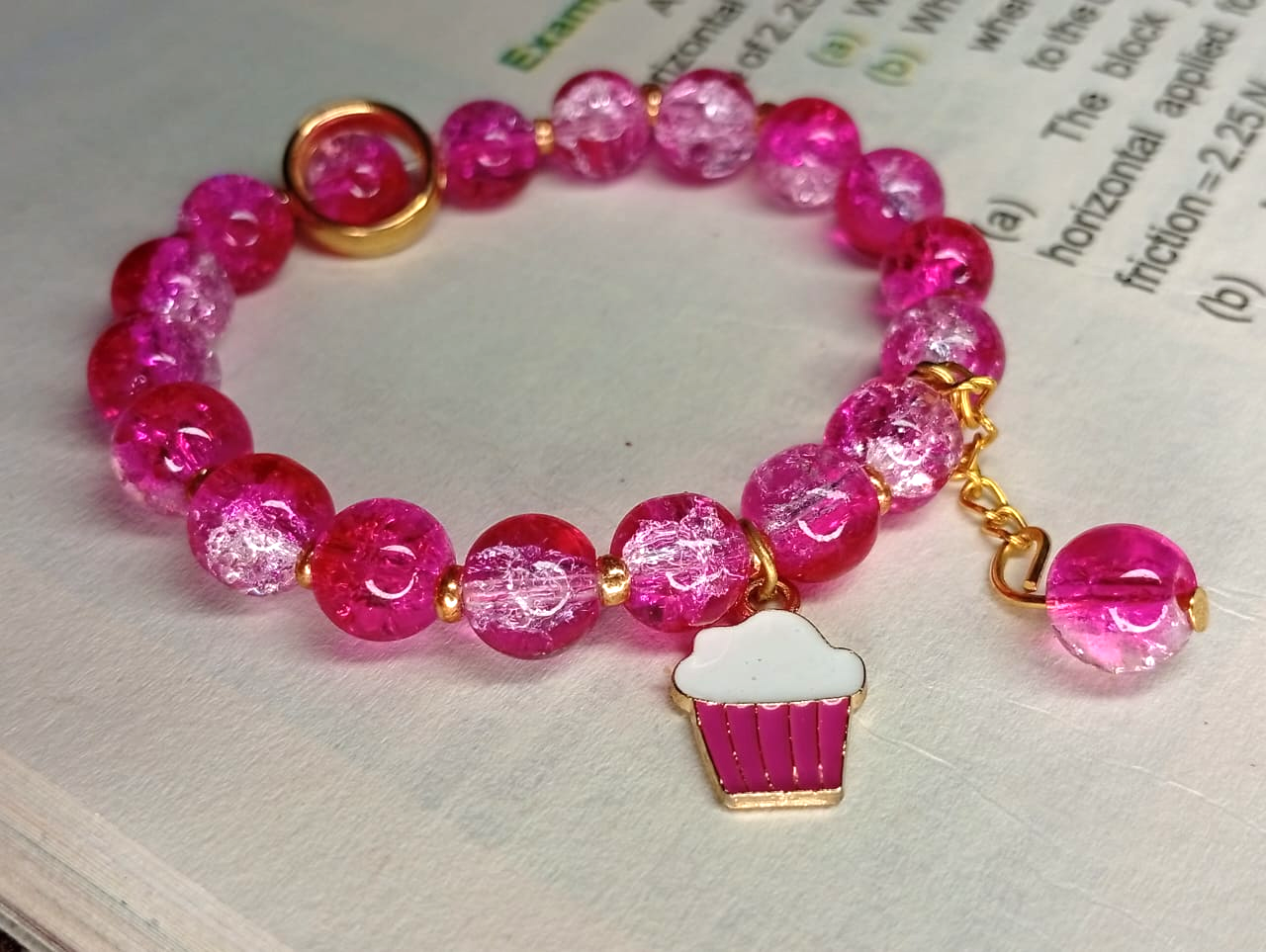 Hot Pink Crackle Glass Bead Bracelet with Cute Cupcake Charm